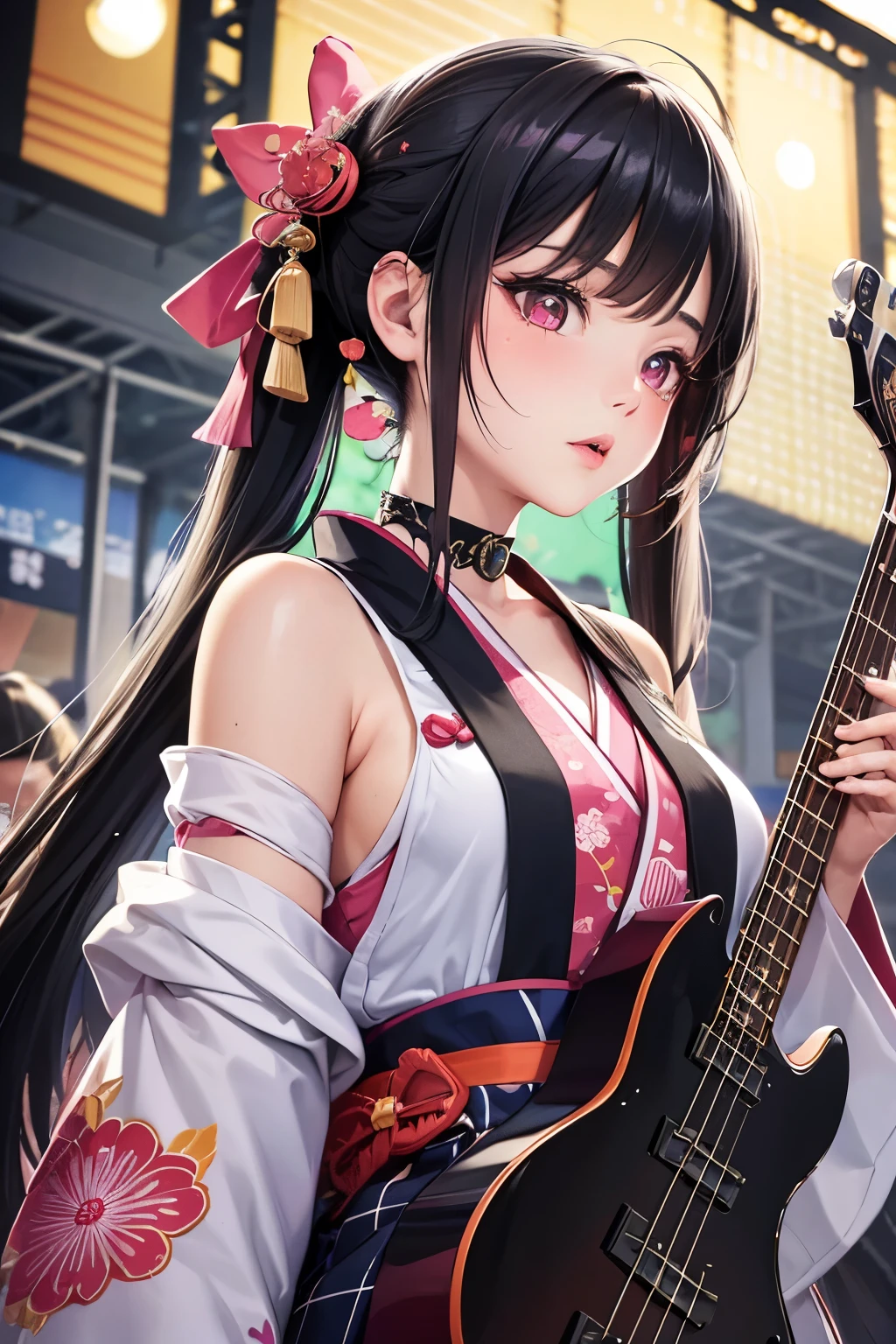 masterpiece, best quality, highly detailed, high resolution, expensive resolution, high resolution, 4k, 8k, Unity 8k wallpaper, highly detailed CG, masterpiece, 2d, 3d, beautiful details, depth, fine texture, best quality: 1.3, perfect focus, crispy skin, he, very cute anime girl, beautiful and cute girl in band playing bass guitar and singing in band wearing Japanese fancy patterned haori hakama on outdoor stage, full body, expensive black hair with pink inner short twin tail hair, mole under eye, looking at the viewer, expensive, blush, mole, open lips, , heart shaped choker, pink eyes, bass guitar, vocals, stage, outdoor festival stage