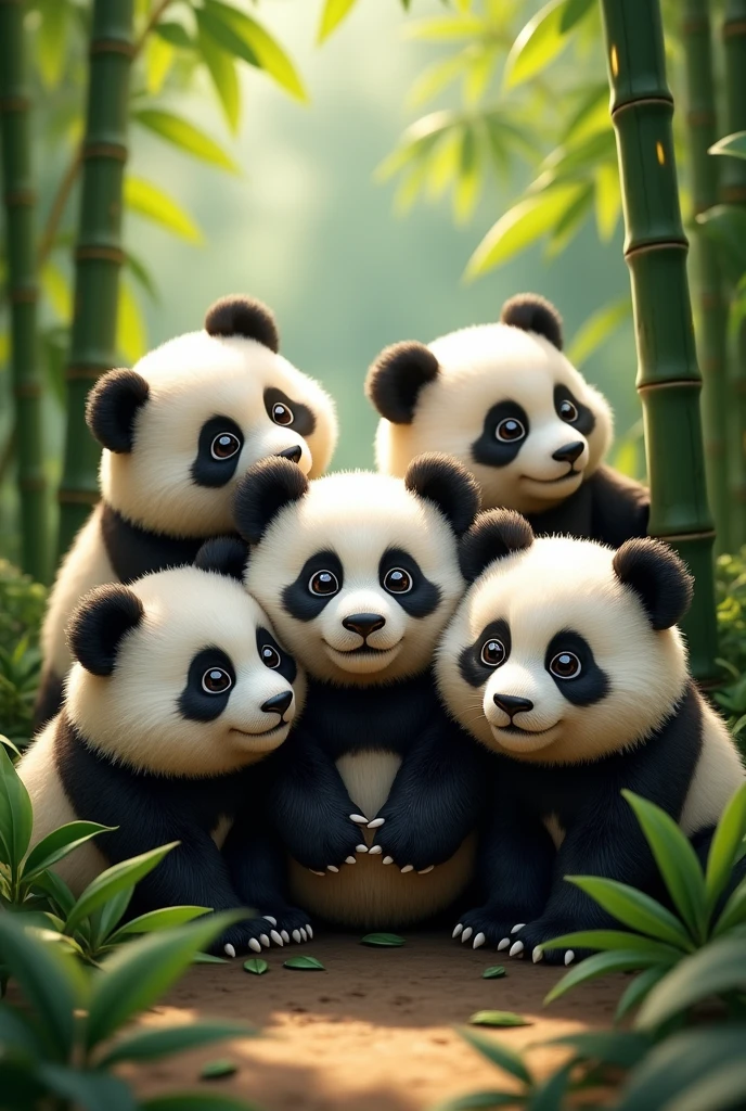 A group of pandas are looking at us.