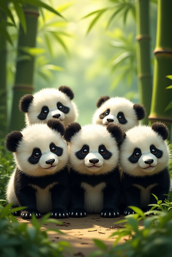 A group of pandas are looking at us.