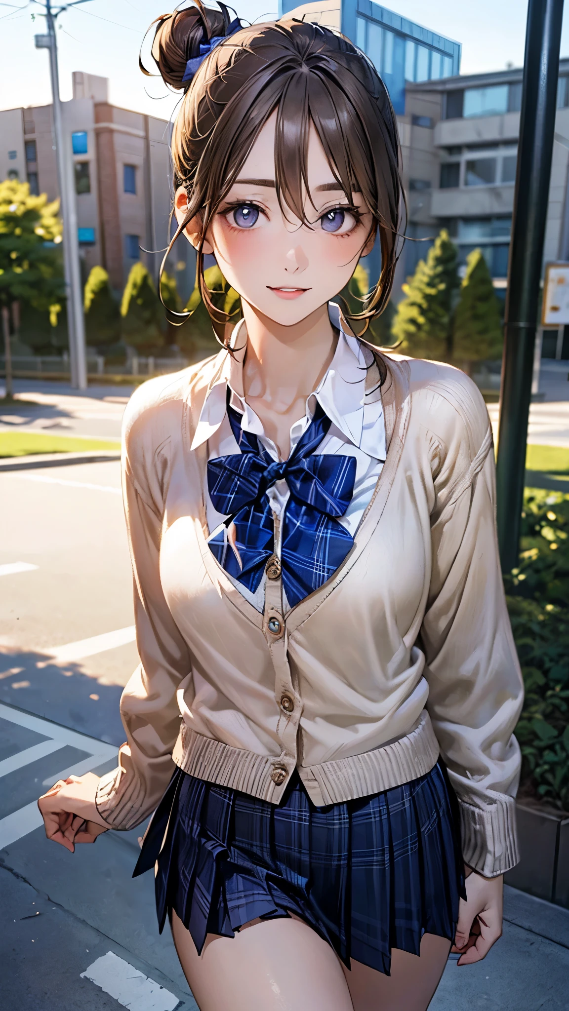 (masterpiece:1.2, highest quality), (realistic photo:1.4), beautiful illustrations, (natural side lighting, movie lighting), 
beautiful hair, beautiful face, detailed and beautiful eyes, beautiful clavicle, beautiful body, beautiful breasts, beautiful thighs, beautiful feet, beautiful fingers, 
looking at the viewer, 1 girl, high school girl, (perfect anatomy, anatomically correct, super detailed skin), cute symmetrical face, baby face, perfect face, perfect eyes, 
(middle hair, (single hair bun), light brown hair), hair between eyes, gold eyes, big eyes, long eye lasher, (medium breasts, seductive thighs), perfect body, shiny skin, slender, 
(detailed cloth texture, break white collared shirt, break (long sleeve khaki color knit cardigan, closed cardigan), break cobalt blue pleated skirt, cobalt blue plaid bow tie), break 
(beautiful scenery), night, (school yard;1.2), walking, break (lovely smile, upper eyes, parted lips), 