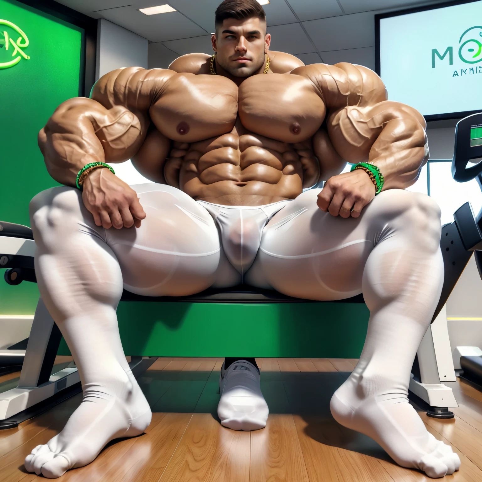 full view, full body, one handsome young artificially tanned white bald over-muscular man in white socks, shirtless wearing neon-green lycra leggings and white sheer socks, no shoes, gold chains, bracelets, rings, arrogantly sitting on bench in his white sheer socks next treadmill in gym, ung bodybuilders feeling his muscles, his white sheer socks must be seen