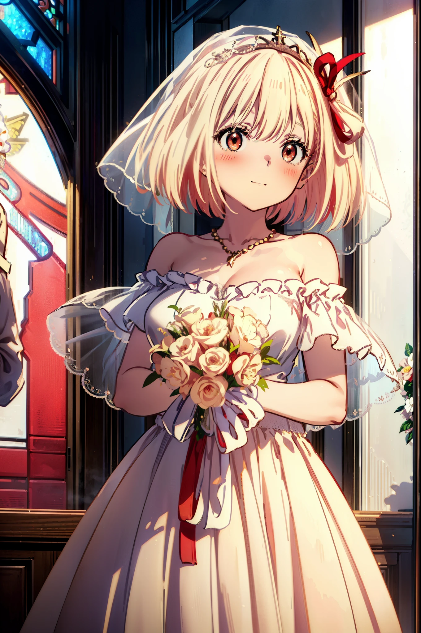 chisato nishikigi, short hair, bangs, blonde, (Red eyes:1.5), Hair Ribbon, One side up, Bobcut,Veil,off-the-shoulder wedding dresses,necklace,Veil,wedding long skirt,holding a bouquet of flowers in both hands,smile,blush,As if your whole body is in the illustration,Daytime,sunny,
break indoors, Chapel,church,
break looking at viewer, Upper Body,(Cowboy Shot:1.5),
break (masterpiece:1.2), Highest quality, High resolution, unity 8k wallpaper, (shape:0.8), (Beautiful attention to detail:1.6), Highly detailed face, Perfect lighting, Extremely detailed CG, (Perfect hands, Perfect Anatomy),