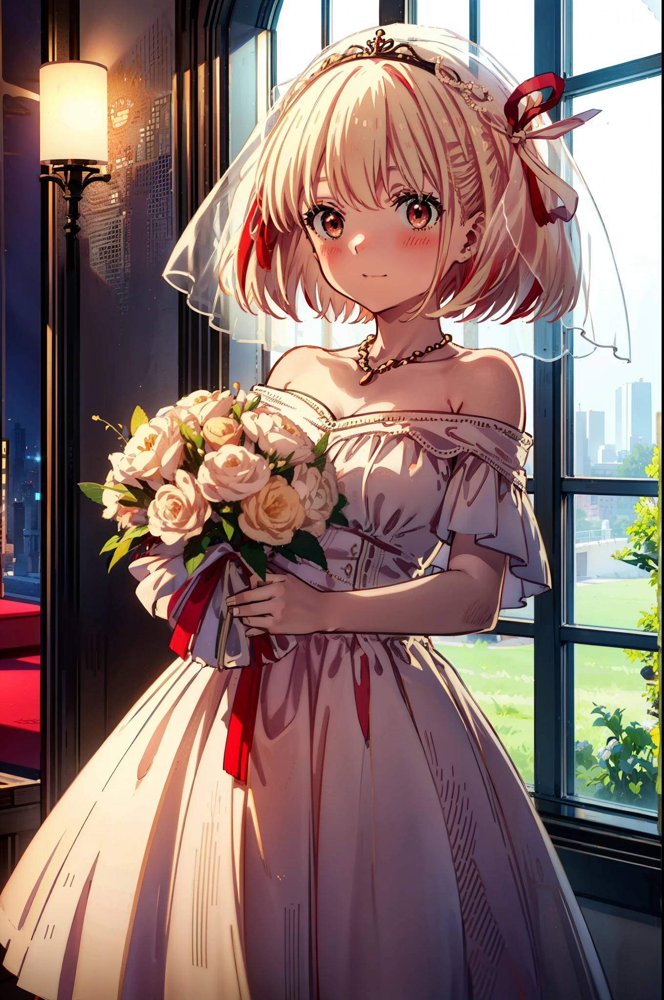 chisato nishikigi, short hair, bangs, blonde, (Red eyes:1.5), Hair Ribbon, One side up, Bobcut,Veil,off-the-shoulder wedding dresses,necklace,Veil,wedding long skirt,holding a bouquet of flowers in both hands,smile,blush,As if your whole body is in the illustration,Daytime,sunny,
break indoors, Chapel,church,
break looking at viewer, Upper Body,(Cowboy Shot:1.5),
break (masterpiece:1.2), Highest quality, High resolution, unity 8k wallpaper, (shape:0.8), (Beautiful attention to detail:1.6), Highly detailed face, Perfect lighting, Extremely detailed CG, (Perfect hands, Perfect Anatomy),