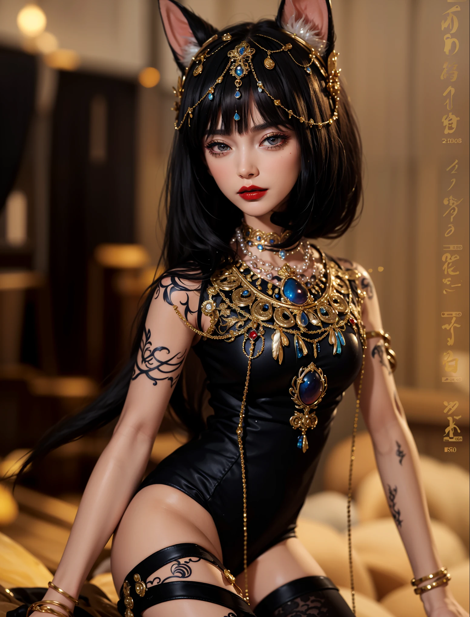 Royal princess,Extremely detailed, Delicate face, Stock Photography , Portrait 400, F1 Camera Lens.6, rich and colorful, Surrealism, Realistic textures, Dramatic Lighting, Thin Film Distiller 800 (8K, original photo, Better quality, masterpiece: 1.2), Extremely detailed, (Extremely delicate skin: 1.2), 8K ultra high definition, SLR camera, Soft Light, high quality.Fire Queen,Blue pupils,Wear red lipstick,Have a tattoo,The tattoo is very three-dimensional,Gorgeous and intricate tattoo designs,Dark eyeshadow,Sexy thick lips(Red lipstick),Gorgeous pearl and gemstone decoration,Cleopatra wore jewelry made of gold and precious stones.