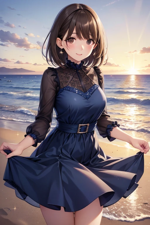 anegasaki nene、Shiny brown hair, short hair, (Beautiful brown eyes、Sparkling eyes, Fine grain)、smile、Ultra-detailed eyes、Very detailedな顔, Very detailedな目,
((elegant blue dress)) (Background of the beach at sunset), Very detailed, Defined features, Age 25,
Graceful posture, Light brown eyes, High resolution, artwork, Highest quality, Intricate details, Very detailedな,
Sharp focus, Detailed skin, 現実的 skin texture, texture, fine grain, Professional, 4K, かわいいsmile,
