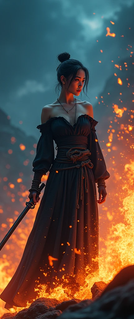(32K:1.9, Highest quality, masterpiece, Ultra-high resolution), Perfect dynamic composition:1.2, Midnight, Fight:1.2, sengoku, fire事, いたるところで燃え上がる戦fire:1.3, Highly detailed skin and facial textures:1.2, Slim female ninja holding a sharp dagger:1.3, beautifully、aesthetic:1.2, Sexy beauty, Perfect Style, nice, Wear an exquisite ring, fire, water, Wind, thunder, ice, Fair skin, Very beautiful face, (Mid-chest, Chest gap), (Embarrassed smile, Her facial expression when she felt intense caressing, Facial expressions when feeling happy), (Wearing a sexy ninja costume:1.2, Off the shoulder:1.1), (Beautiful Blue Eyes, Beautiful erotic eyes:0.8), (Too erotic:0.9, Fascinating:0.9), Full Body Shot