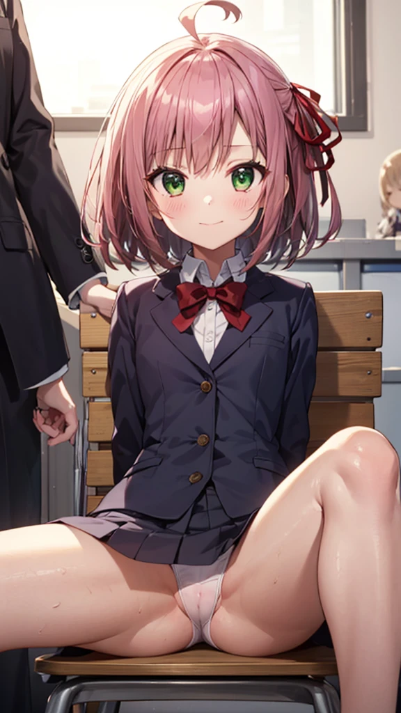 nsfw,cherry blossom cream, Primary school students、8-year-old with short hair, ribbon, Green Eyes, hair ribbon, Pink Hair, Ahoge,
, shirt, white shirt, collared shirt, Jacket, Long sleeve, Captivating smile,masterpiece,Noise Reduction,Perfect Anatomy,High resolution, Very detailed,Game CG,Beautiful attention to detail,Visual Arts,
(1girl)、 Cowboy Shot、(Pussy、pussy)、(from below),(arms behind back)、(Put your arms behind your head)、Sit on a chair、Spread your legs、(Pussyメコスジ:1.0)
