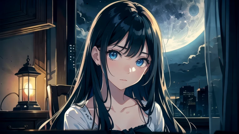 Create an illustration of black hair and blue eyes, sitting in a chair in front of a desk, Sentimental, Introspective look。, The moonlight gently shines into the room, Gently illuminate the space, Curtains sway in the wind, Increase tranquility, Dark mood, Emphasise the theme of loneliness, silence, And the depths of night, The room is dark、dimly lit by the moonlight