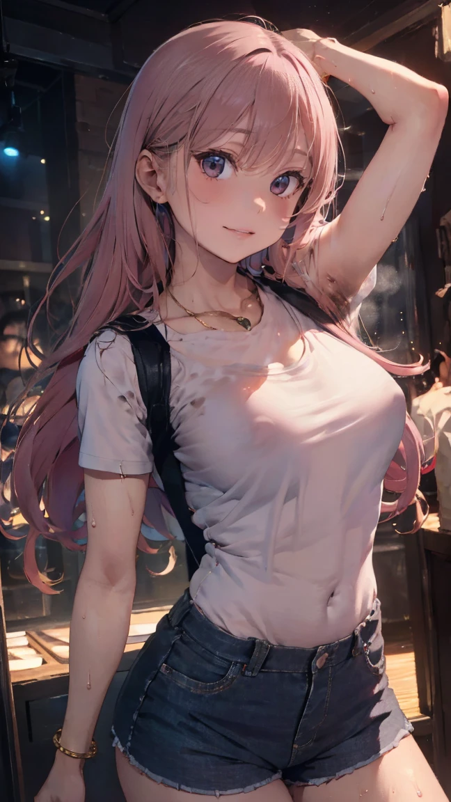 ((NSFW))、(masterpiece, Highest quality:1.3), (Super detailed:1.2), High-definition RAW color photos, Professional photos, (Photorealistic:1.4), (Pink Hair:1.5), Professional Lighting, Perfect Anatomy, (Big Breasts:1.2), (Detailed face),Earrings, necklace, Gold bracelet, (Slim body、Are thin、Model body type、Beautiful long legs), (White tight t-shirt、Open chest、Shorts、Zipper fully open、Low rise、金のEarrings、:1.3)、To the tips of the feet、(((Sweat)))、((Sweatで濡れた肌、My hair is wet))、Double teeth、(((smile)))、(((Body odor)))、(((body odor)))、(((pubic hair、I can see the vagina)))、(((Nightclub)))、(((Love juice drips)))、((Angle from below))、(((Touching the vagina)))