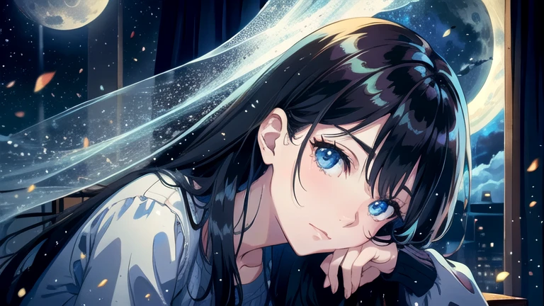 Create an illustration of black hair and blue eyes, sitting in a chair in front of a desk, Sentimental, Introspective look。, The moonlight gently shines into the room, Gently illuminate the space, Curtains sway in the wind, Increase tranquility, Dark mood, Emphasise the theme of loneliness, silence, And the depths of night, The room is dark、dimly lit by the moonlight