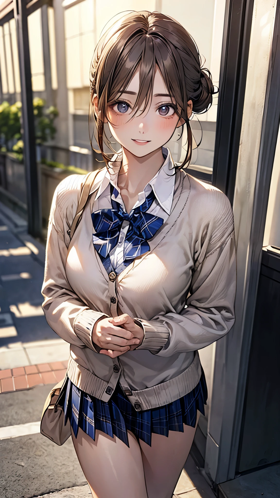 (masterpiece:1.2, highest quality), (realistic photo:1.4), beautiful illustrations, (natural side lighting, movie lighting), 
beautiful hair, beautiful face, detailed and beautiful eyes, beautiful clavicle, beautiful body, beautiful breasts, beautiful thighs, beautiful feet, beautiful fingers, 
looking at the viewer, 1 girl, high school girl, (perfect anatomy, anatomically correct, super detailed skin), cute symmetrical face, baby face, perfect face, perfect eyes, 
(middle hair, (single hair bun), light brown hair), hair between eyes, brown eyes, big eyes, long eye lasher, (medium breasts, seductive thighs), perfect body, shiny skin, slender, 
(detailed cloth texture, break white collared shirt, break (long sleeve khaki color knit cardigan, closed cardigan), break cobalt blue pleated skirt, cobalt blue plaid bow tie), break 
(beautiful scenery), night, (school yard;1.2), walking, break (lovely smile, upper eyes, parted lips), 
