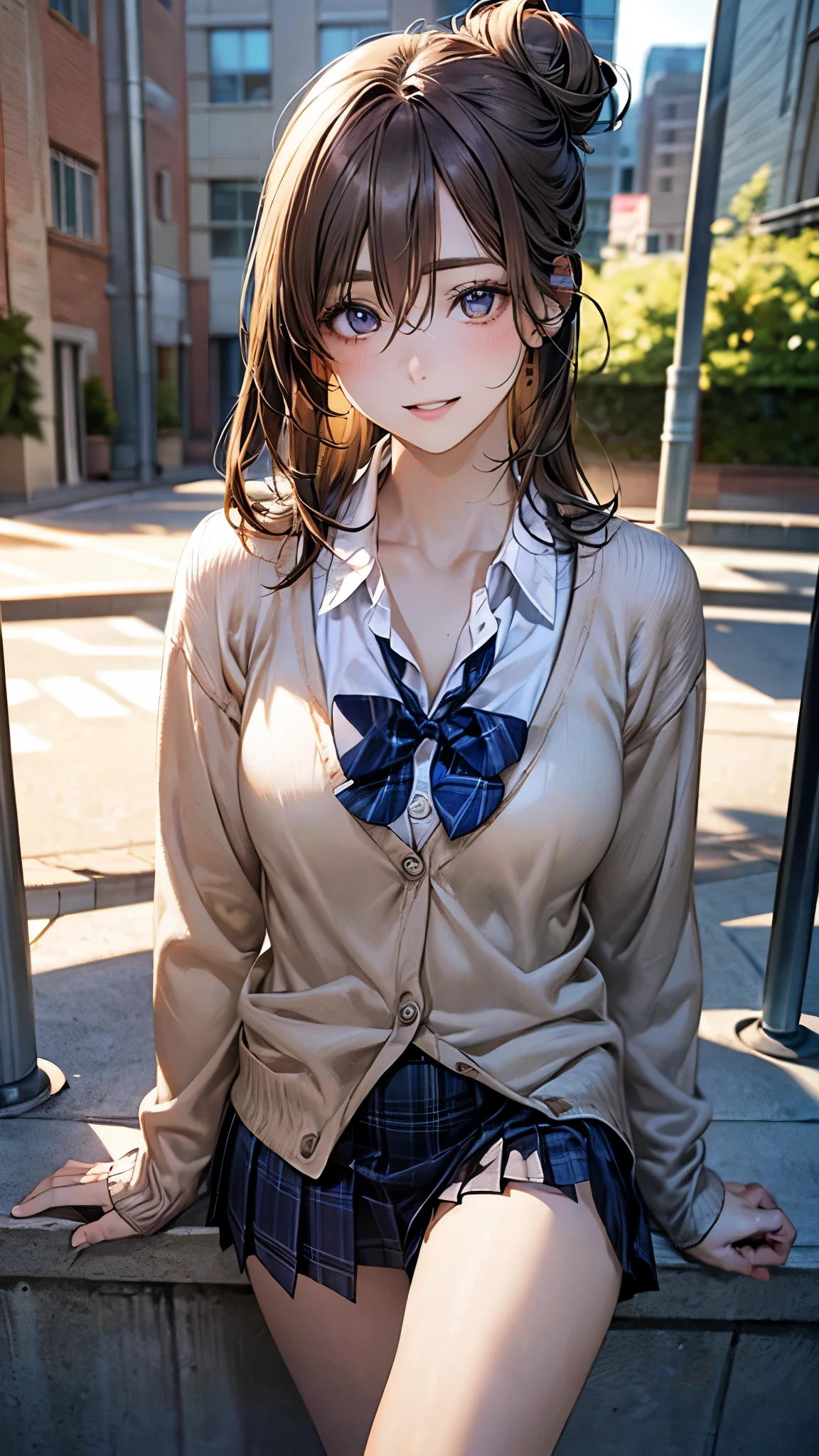 (masterpiece:1.2, highest quality), (realistic photo:1.4), beautiful illustrations, (natural side lighting, movie lighting),
beautiful hair, beautiful face, detailed and beautiful eyes, beautiful clavicle, beautiful body, beautiful breasts, beautiful thighs, beautiful feet, beautiful fingers,
looking at the viewer, 1 girl, high school girl, (perfect anatomy, anatomically correct, super detailed skin), cute symmetrical face, baby face, perfect face, perfect eyes,
(middle hair, (single hair bun), light brown hair), hair between eyes, brown eyes, big eyes, long eye lasher, (medium breasts, seductive thighs), perfect body, shiny skin, slender,
(detailed cloth texture, break white collared shirt, break (long sleeve khaki color knit cardigan, closed cardigan), break cobalt blue pleated skirt, cobalt blue plaid bow tie), break
(beautiful scenery), night, (school yard;1.2), walking, break (lovely smile, upper eyes, parted lips),