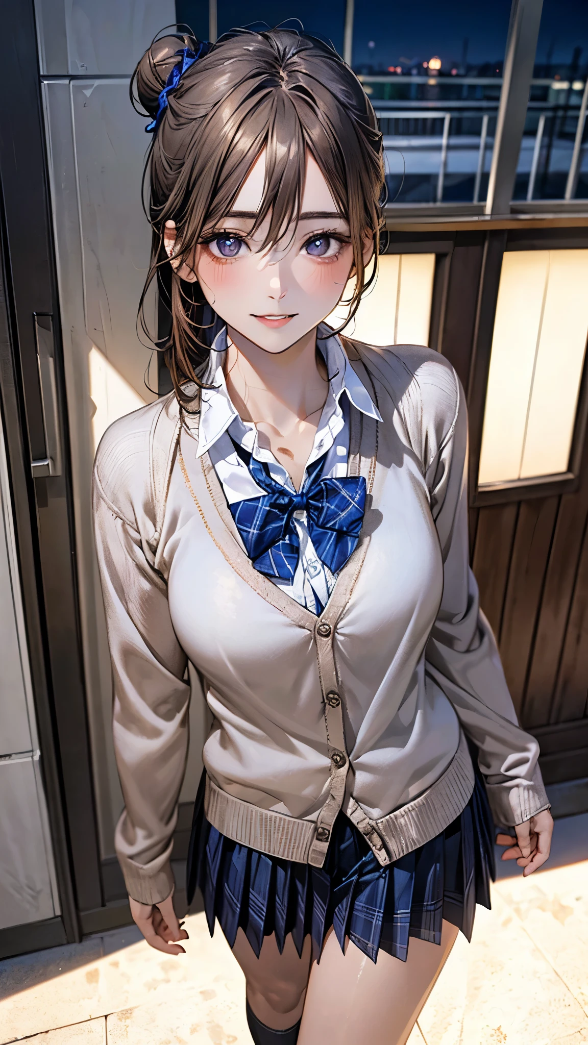 (masterpiece:1.2, highest quality), (realistic photo:1.4), beautiful illustrations, (natural side lighting, movie lighting),
beautiful hair, beautiful face, detailed and beautiful eyes, beautiful clavicle, beautiful body, beautiful breasts, beautiful thighs, beautiful feet, beautiful fingers,
looking at the viewer, 1 girl, high school girl, (perfect anatomy, anatomically correct, super detailed skin), cute symmetrical face, baby face, perfect face, perfect eyes,
(middle hair, (single hair bun), light brown hair), hair between eyes, brown eyes, big eyes, long eye lasher, (medium breasts, seductive thighs), perfect body, shiny skin, slender,
(detailed cloth texture, break white collared shirt, break (long sleeve khaki color knit cardigan, closed cardigan), break cobalt blue pleated skirt, cobalt blue plaid bow tie), break
(beautiful scenery), night, (school yard;1.2), walking, break (lovely smile, upper eyes, parted lips),