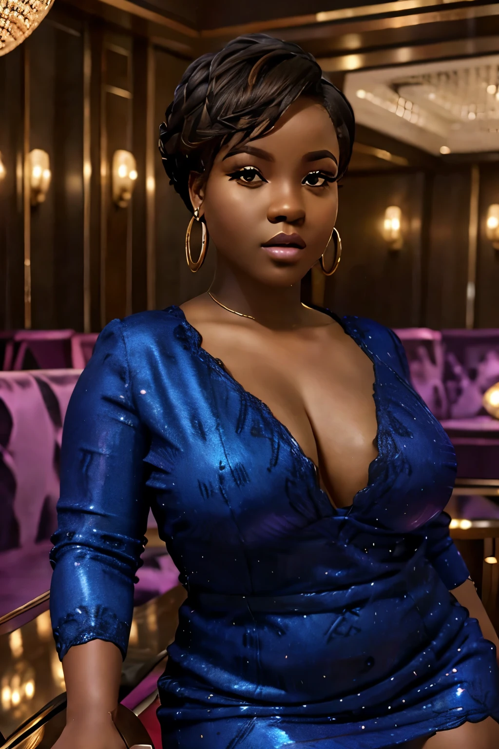 a chubby african woman with very short hair, elegant lounge attire, indoor gentleman's club setting, beautiful detailed eyes, beautiful detailed lips, extremely detailed eyes and face, long eyelashes, high quality, 8k, photorealistic, detailed painting, cinematic lighting, rich colors, dramatic atmosphere