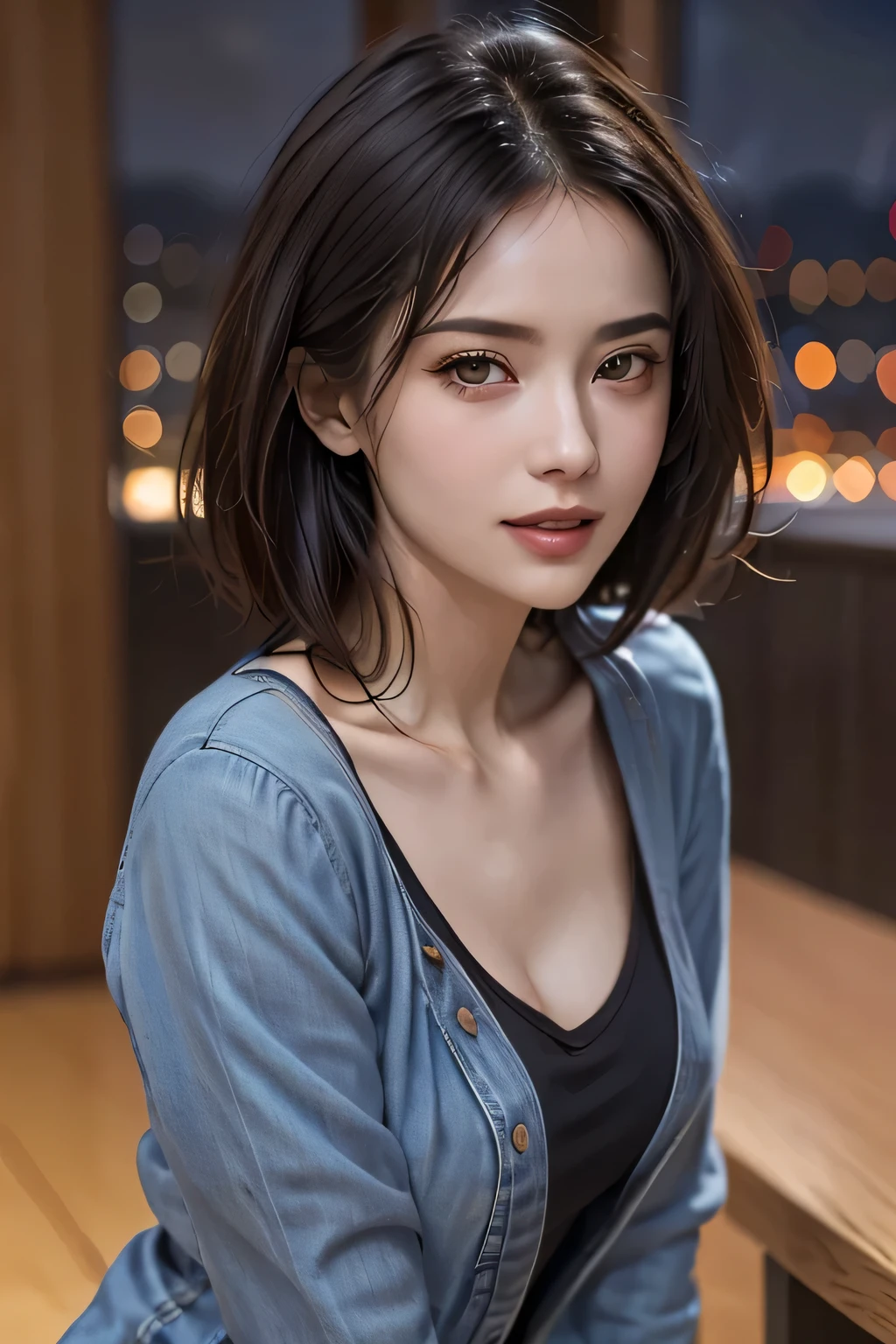 (highest quality, 8k, 32K, masterpiece), (Realistic), (Realistic:1.2), (High resolution), (night:1.7), Japan, cyber punk, City View, In front of the window,Wooden floor, 
Blue jacket, Grey Shirt, clavicle, jewelry, gem, Brunette Bob, 
1 female, 45 years old, beautiful Finger, beautiful long legs, beautifulbody, beautifulNose, beautifulcharacter design, Perfect Eyes, perfectface, Expressive eyes, View your viewers, Center the image, (upper_body), (Focus on her face),
Official Art, Very detailed CG Unity 8k wallpaper, Perfect lighting,Farbeful, bright_front_face_Lighting,Glowing Skin,
(masterpiece:1.0),(Highest_quality:1.0), 超High resolution,4K,Very detailed,
photograph, 8k, High resolution, High resolution, absurdes:1.2, 400 for Kodak Port, Film Grain, Blurred Background, bokeh:1.2, Lens flare, (Vibrant_Farbe:1.2)
(beautiful,chest), (beautiful_face:1.5),(narrow_Waist),