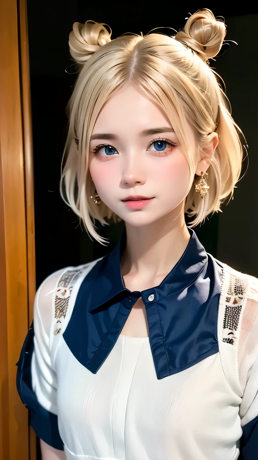 cute, (Ash Blonde Hair), ((very bun hair)), Perfect Face, An innocent smile, Upper Body,(blue eyes), (Yan), (small), (thin), ((Flat Chest)), ((Only 16)), Skin Dentition, Extremely detailed, Attractive oval face, Red lips, pink, Glowing Skin, Fine hair, Face Focus, Chest close-up, Gorgeous hair ornament, Gold earrings, ((1 person)), Embarrassed expression,