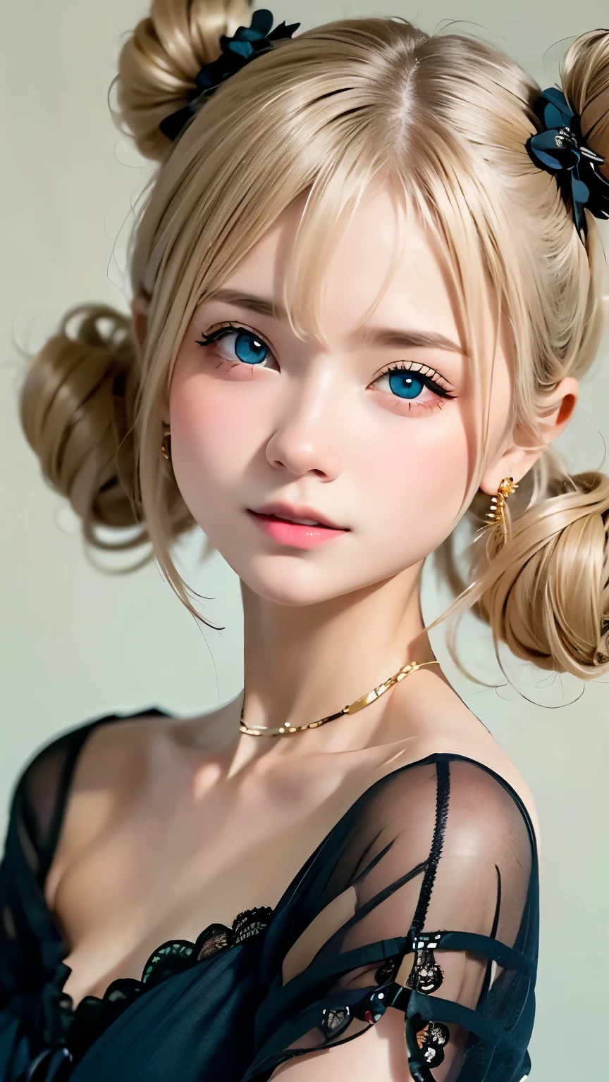 cute, (Ash Blonde Hair), ((very bun hair)), Perfect Face, An innocent smile, Upper Body,(blue eyes), (Yan), (small), (thin), ((Flat Chest)), ((Only 16)), Skin Dentition, Extremely detailed, Attractive oval face, Red lips, pink, Glowing Skin, Fine hair, Face Focus, Chest close-up, Gorgeous hair ornament, Gold earrings, ((1 person)), Embarrassed expression,