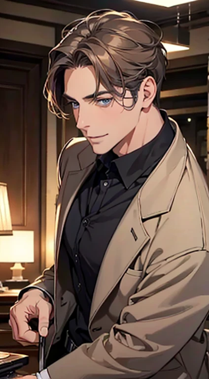 a mature man with short grey Brown hair, blue eyes, 34 years, and a perfect face, smiling in love, CEO, cinematic lighting, 1:4 HDR image, top view, ultra detailed, best quality, masterpiece, 8K, photorealistic, beautiful image