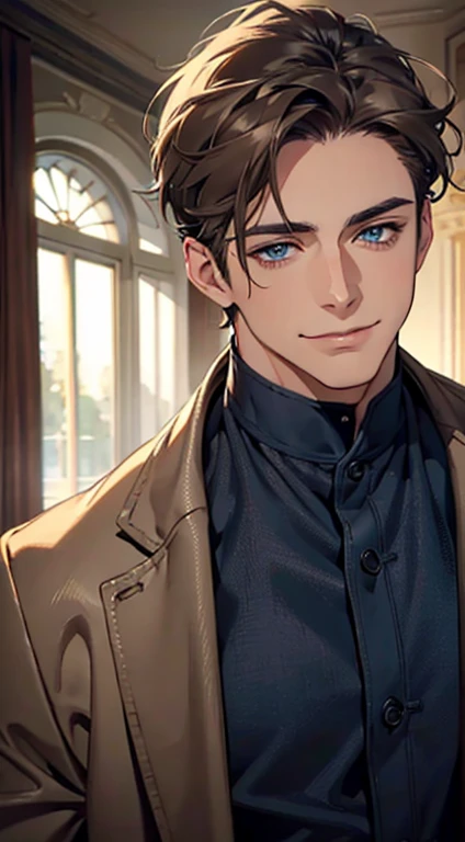 a mature man with short grey Brown hair, blue eyes, 34 years, and a perfect face, smiling in love, CEO, cinematic lighting, 1:4 HDR image, top view, ultra detailed, best quality, masterpiece, 8K, photorealistic, beautiful image