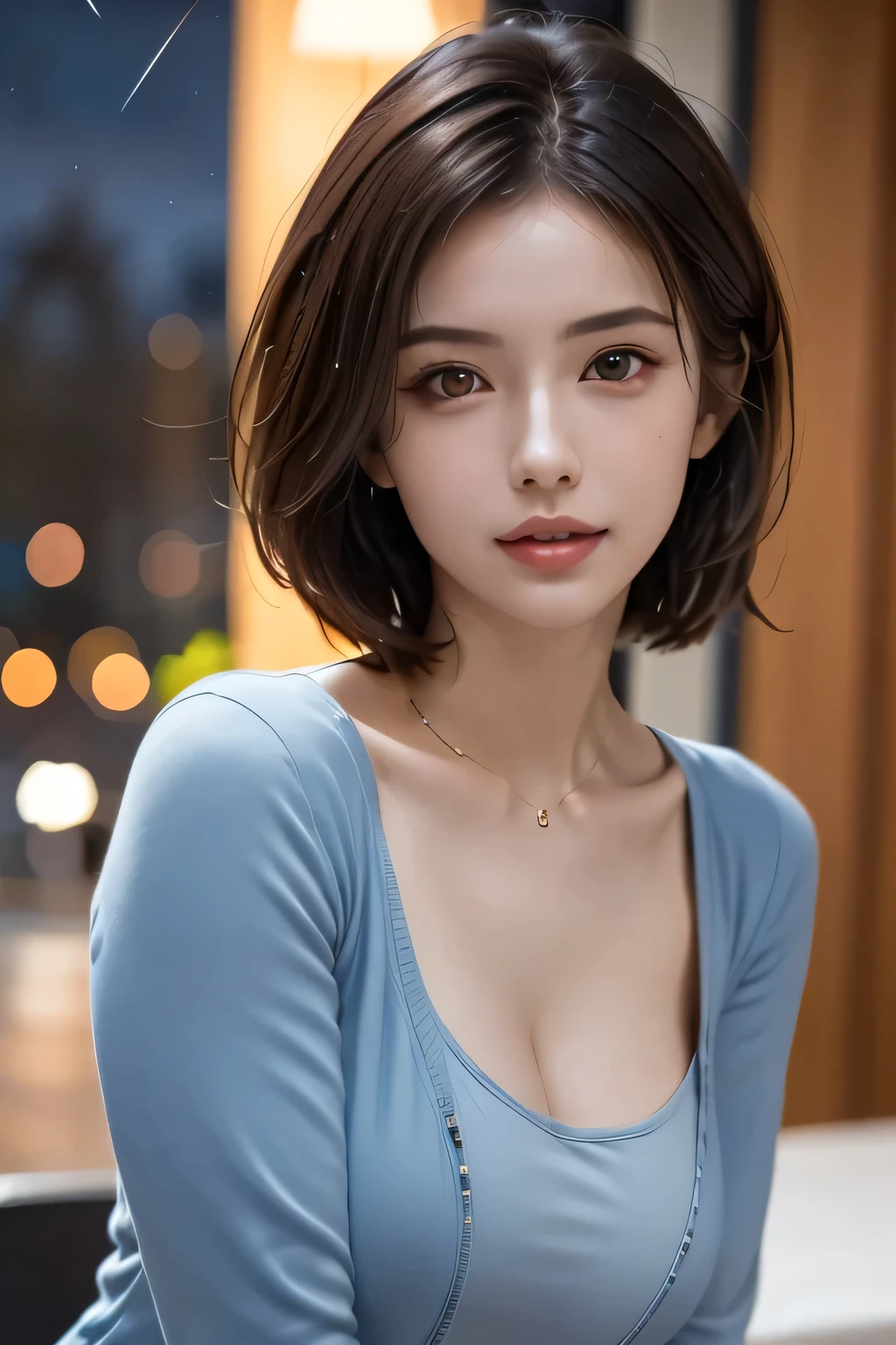 (highest quality, 8k, 32K, masterpiece), (Realistic), (Realistic:1.2), (High resolution), (night:1.7), Japan, cyber punk, City View, In front of the window,Wooden floor, 
Blue jacket, Grey Shirt, clavicle, jewelry, gem, Brunette Bob, 
1 female, 45 years old, beautiful Finger, beautiful long legs, beautifulbody, beautifulNose, beautifulcharacter design, Perfect Eyes, perfectface, Expressive eyes, View your viewers, Center the image, (upper_body), (Focus on her face),
Official Art, Very detailed CG Unity 8k wallpaper, Perfect lighting,Farbeful, bright_front_face_Lighting,Glowing Skin,
(masterpiece:1.0),(Highest_quality:1.0), 超High resolution,4K,Very detailed,
photograph, 8k, High resolution, High resolution, absurdes:1.2, 400 for Kodak Port, Film Grain, Blurred Background, bokeh:1.2, Lens flare, (Vibrant_Farbe:1.2)
(beautiful,chest), (beautiful_face:1.5),(narrow_Waist),