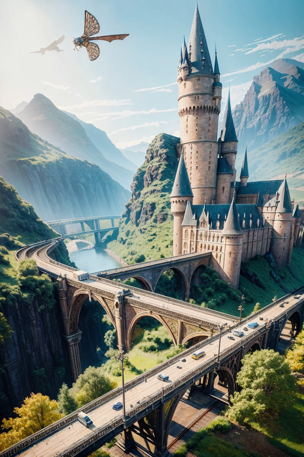 Oil painting art style, full side view of the Hogwarts and the train running on the track with the bridge, and the epic flying car from Harry Potter movie flying in above, style detailed but textured oil painting strokes.