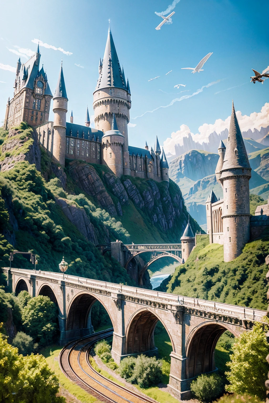 Oil painting art style, full side view of the Hogwarts and the train running on the track with the bridge, and the epic flying car from Harry Potter movie flying in above, style detailed but textured oil painting strokes.