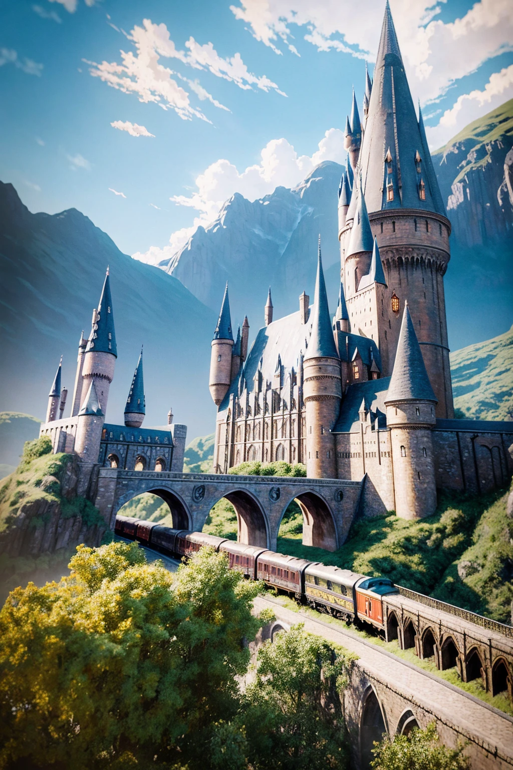 Oil painting art style, full side view of the Hogwarts and the train running on the track with the bridge, and the epic flying car from Harry Potter movie flying in above, style detailed but textured oil painting strokes.