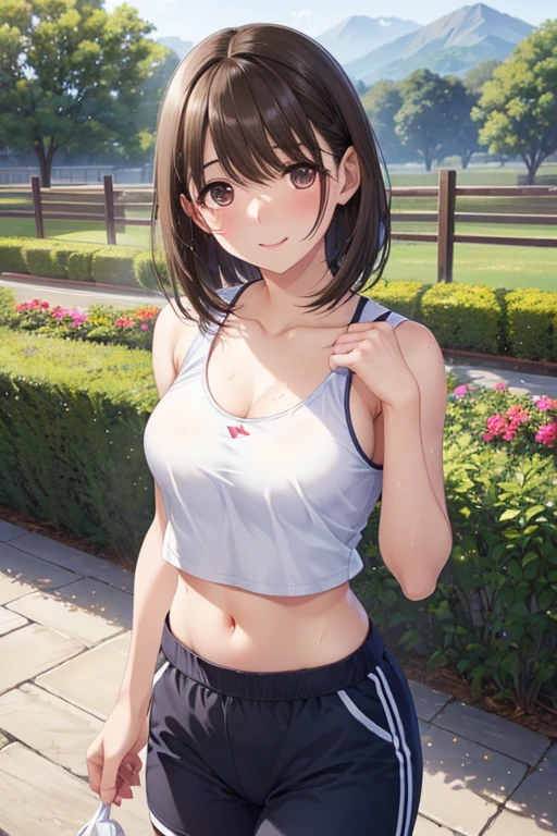 anegasaki nene、Shiny brown hair, short hair, (Beautiful brown eyes、Sparkling eyes, Fine grain)、smile、Ultra-detailed eyes、Highly detailed face, Highly detailed eyes,Cowboy Shot、
One Girl,,cute,blush, Medium chest, running, White sports bra, morning, garden, Sweat