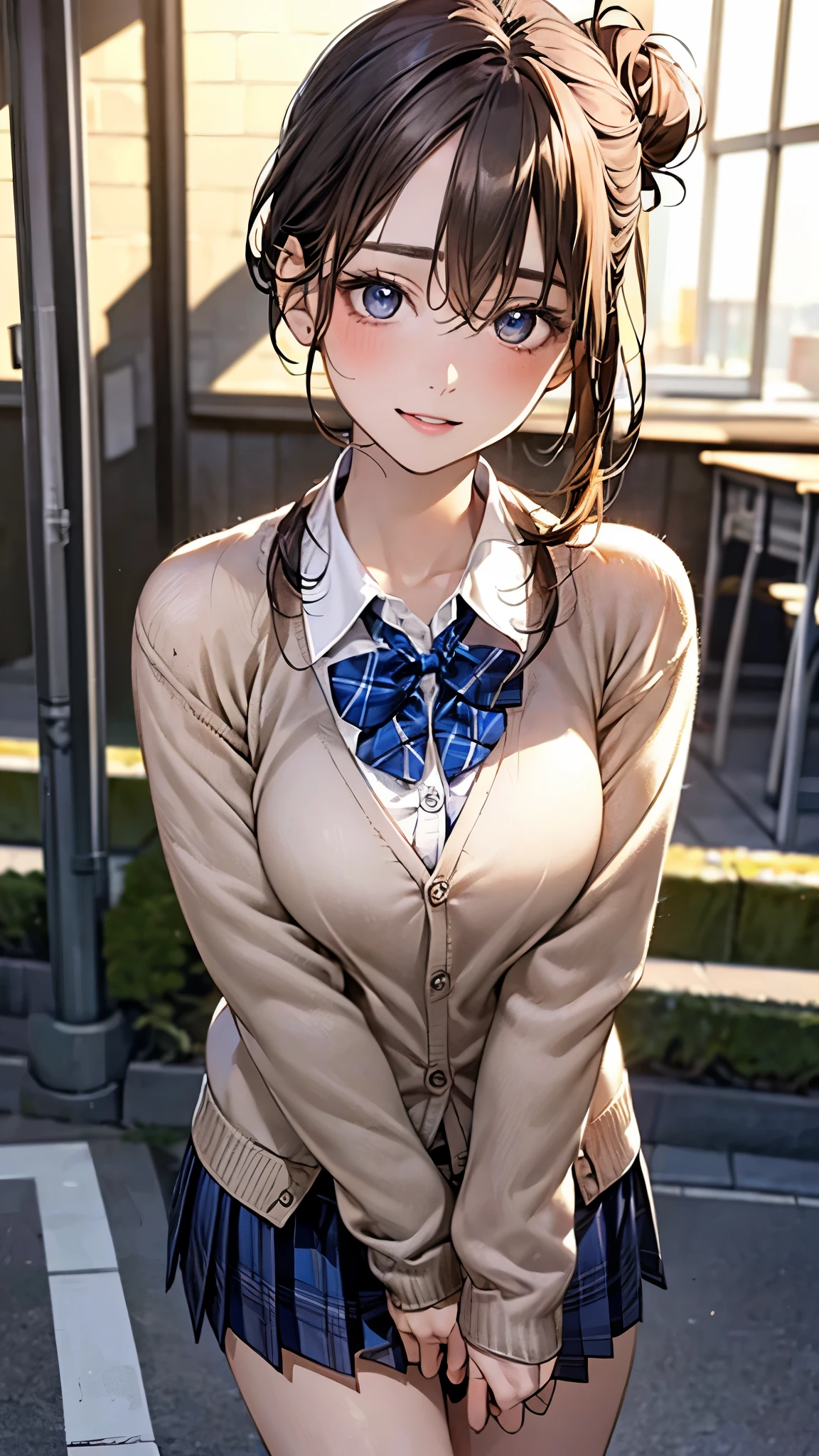 (masterpiece:1.2, highest quality), (realistic photo:1.3), beautiful illustrations, (natural side lighting, movie lighting),
beautiful hair, beautiful face, detailed and beautiful eyes, beautiful clavicle, beautiful body, beautiful breasts, beautiful thighs, beautiful feet, beautiful fingers,
looking at the viewer, 1 girl, high school girl, (perfect anatomy, anatomically correct, super detailed skin), cute symmetrical face, baby face, perfect face, perfect eyes,
(middle hair, (single hair bun), light brown hair), hair between eyes, brown eyes, big eyes, long eye lasher, (medium breasts, seductive thighs), perfect body, shiny skin, slender,
(detailed cloth texture, break white collared shirt, break (long sleeve khaki color knit cardigan, closed cardigan), break cobalt blue pleated skirt, cobalt blue plaid bow tie), break
(beautiful scenery), night, (school yard;1.2), walking, break (lovely smile, upper eyes, parted lips),