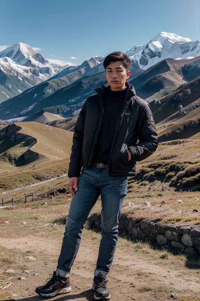 please make me a realistic photo of a 25-year-old Asian man with a handsome oval full body, wearing a parachute mountain jacket, wearing black jeans, wearing mountain shoes, standing, with an aesthetic mountain background in the bright daylight.quality full hd 8k.