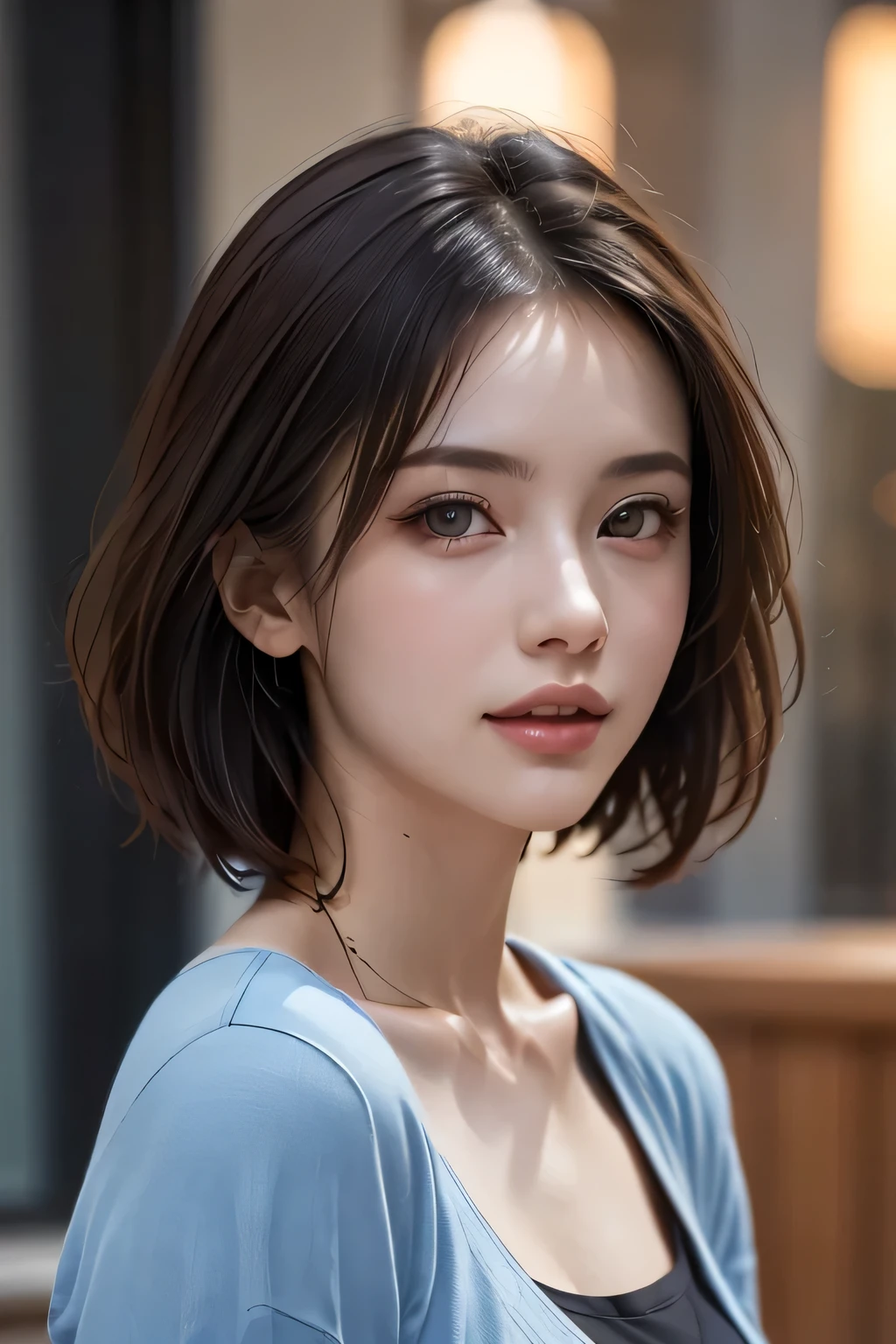 (highest quality, 8k, 32K, masterpiece), (Realistic), (Realistic:1.2), (High resolution), (night:1.7), Japan, cyber punk, City View, In front of the window,Wooden floor, 
Blue jacket, Grey Shirt, clavicle, jewelry, gem, Brunette Bob, 
1 female, 45 years old, beautiful Finger, beautiful long legs, beautifulbody, beautifulNose, beautifulcharacter design, Perfect Eyes, perfectface, Expressive eyes, View your viewers, Center the image, (upper_body), (Focus on her face),
Official Art, Very detailed CG Unity 8k wallpaper, Perfect lighting,Farbeful, bright_front_face_Lighting,Glowing Skin,
(masterpiece:1.0),(Highest_quality:1.0), 超High resolution,4K,Very detailed,
photograph, 8k, High resolution, High resolution, absurdes:1.2, 400 for Kodak Port, Film Grain, Blurred Background, bokeh:1.2, Lens flare, (Vibrant_Farbe:1.2)
(beautiful,chest), (beautiful_face:1.5),(narrow_Waist),