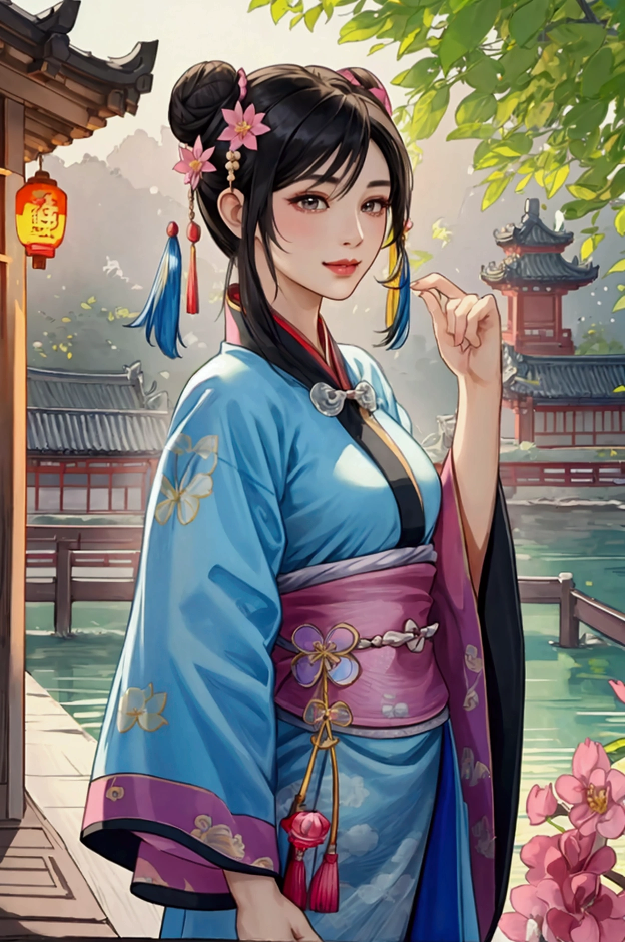 ( High resolution、 Super detailed)、masterpiece、Highest quality、High resolution、8k、Realistic skin texture、 Young and beautiful woman、Beautiful Face、Beautiful Face、Pretty lips、Ample breasts、Balanced style、Hair styled in a bright-colored round bun、Smiling eyes、Hanfu、Walking、Cowboy Shot、background、Buildings from the Tang Dynasty、The city of Chang'an during the Tang Dynasty in China、river view、Flower garden、Peach Blossom、Lantern Light、Detailed CG、