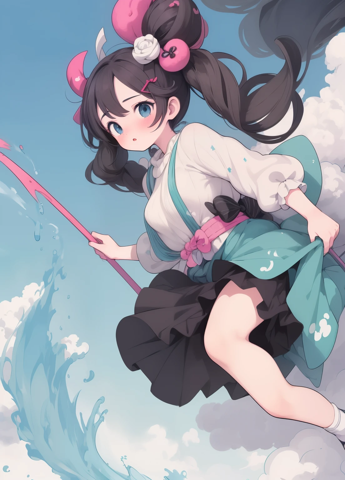 (masterpiece、Highest quality、Highest quality、Official Art、Beautiful and beautiful:1.2)、(One person:1.3)Hatsune Miku、Twin tails,Beautiful breasts, Katsushika Hokusai,Demon Slayer anime style character screenshot, age woman with curly black hair with grey highlights, Light blue eyes and a chubby body, A battle scene seen from below