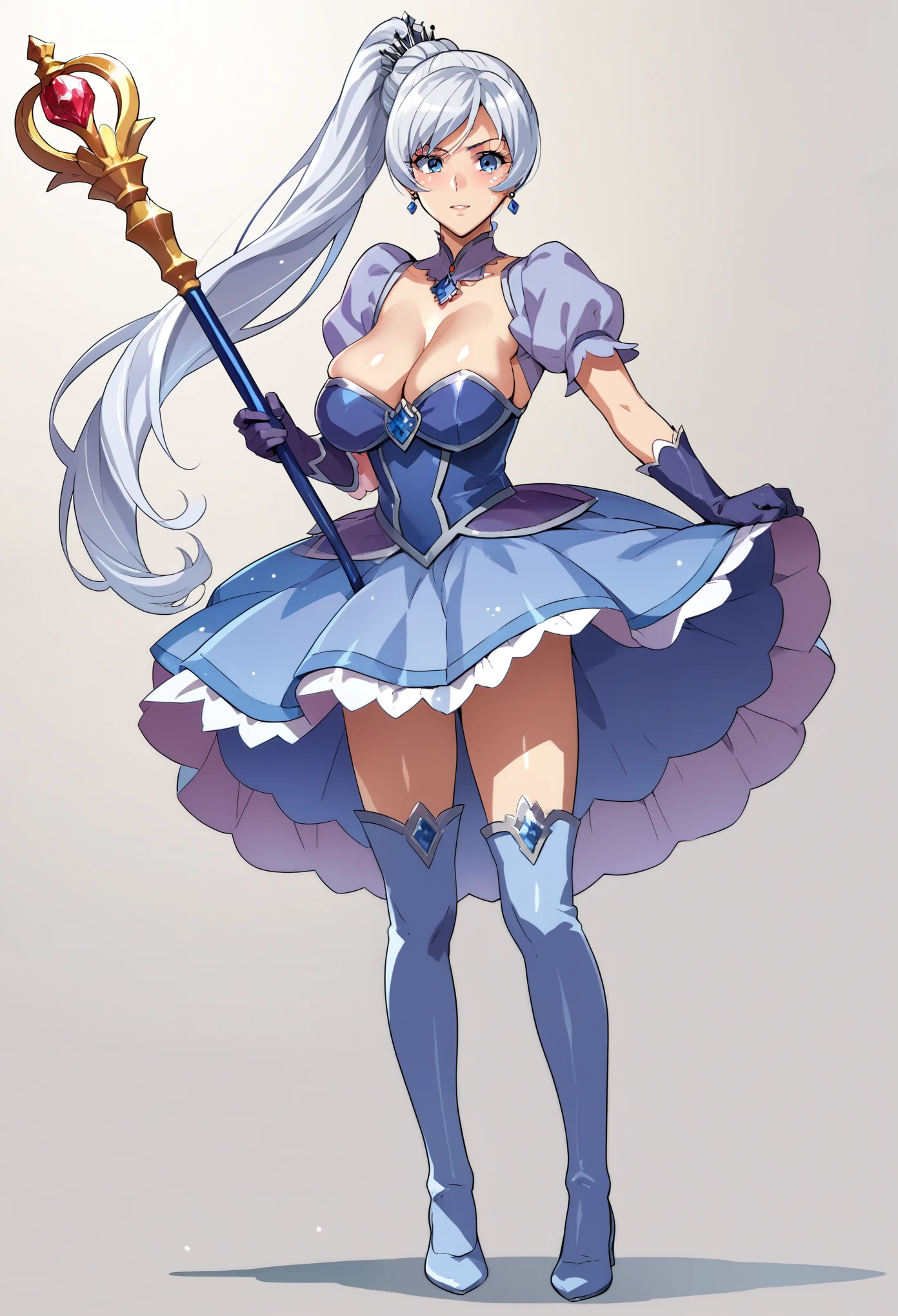 rating_explicit, score_9, score_8_up, score_7_up, uncensored, source_anime, takeda hiromitsu style, (precure),
(weiss schnee), magical girl costume, puffy sleeve, gloves, showgirl skirt, hair ornament, large breasts, shiny skin, cleavage, sagging breast, thighhigh boots, staff