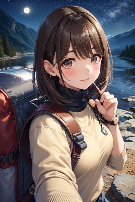 anegasaki nene、Shiny brown hair, short hair, (Beautiful brown eyes、Sparkling eyes, Fine grain)、smile、Ultra-detailed eyes、Very detailed顔, Very detailed目,
1 female((Upper body selfie, Happy)), masterpiece, Highest quality, Very detailed, alone, Outdoor, (night), Mountain々, nature, (performer, moon) Hilarious, Happy, Backpack, sleeping bag, Camping stove, Water bottle, Mountain boots, gloves, sweater, have, flashlight, forest, rock, river, wood, cigarette, Shadow, Contrast, sunny, Analog Style (Displaying the viewer:1.2) (Skin Texture) (Film Grain:1.3), (Warm colors, Warm tones)