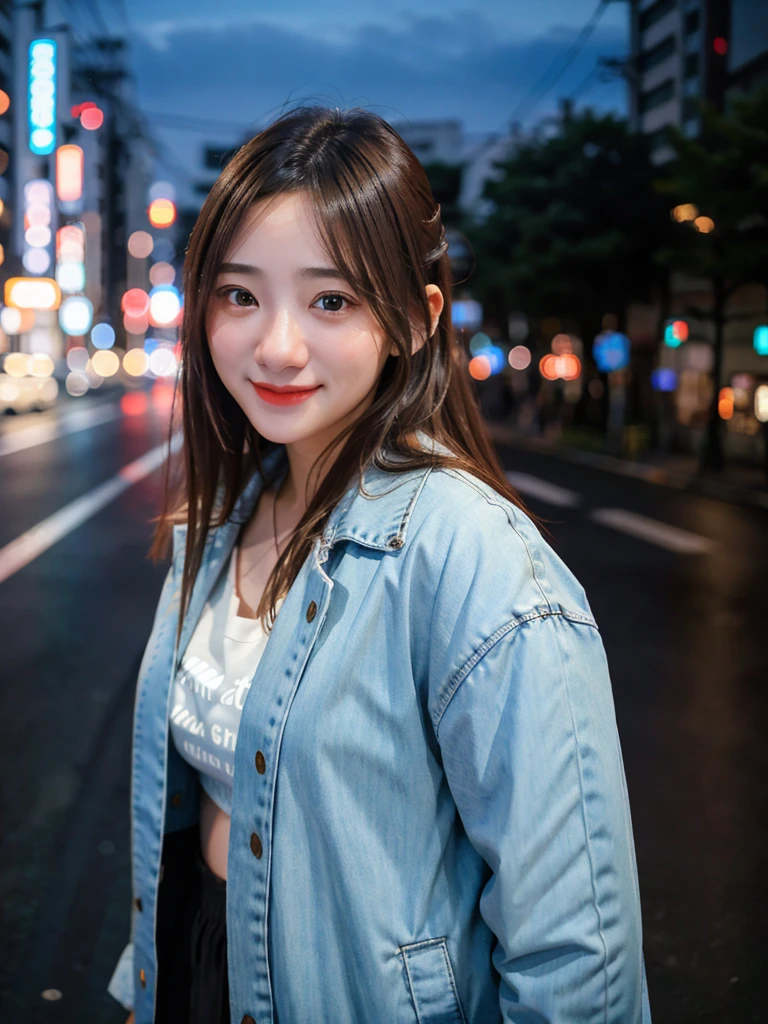 1 girl, Tokyo Street,night, Streetscape,City lights,Upper Body,close,smile,, (8k, RAW Photos, Highest quality, masterpiece:1.2),(Realistic, photo-Realistic:1.37),