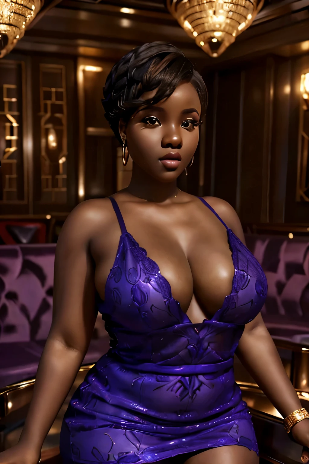 a chubby african woman with very short hair, elegant lounge attire, indoor gentleman's club setting, beautiful detailed eyes, beautiful detailed lips, extremely detailed eyes and face, long eyelashes, high quality, 8k, photorealistic, detailed painting, cinematic lighting, rich colors, dramatic atmosphere,  small breasts