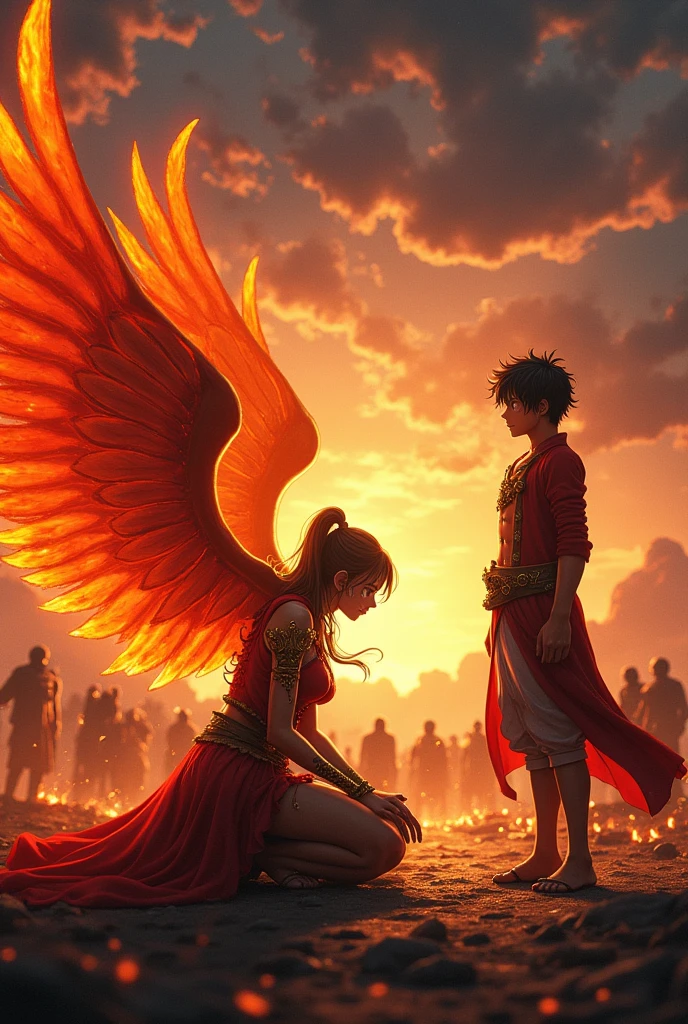 A warrior girl with wings of fire crying on her knees and bowing to luffy deeply from a distance