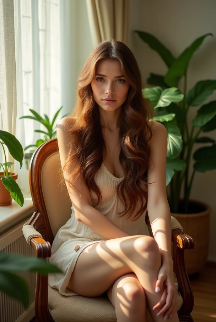 The long-haired woman sits on the chair while naked