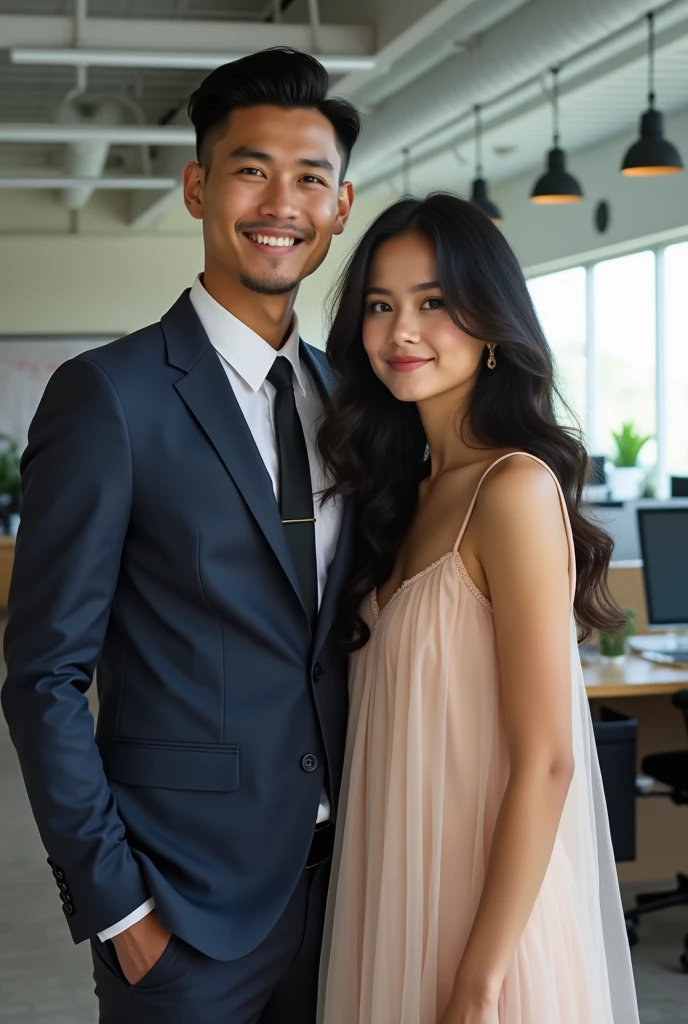 Images of a very handsome boy black haired, neatly combed, tan skinned, in his 20swearing office attire with an innocent typed girl, black haired, wavy hair, yellowish skinned in her 20s wearing a long frock looking front