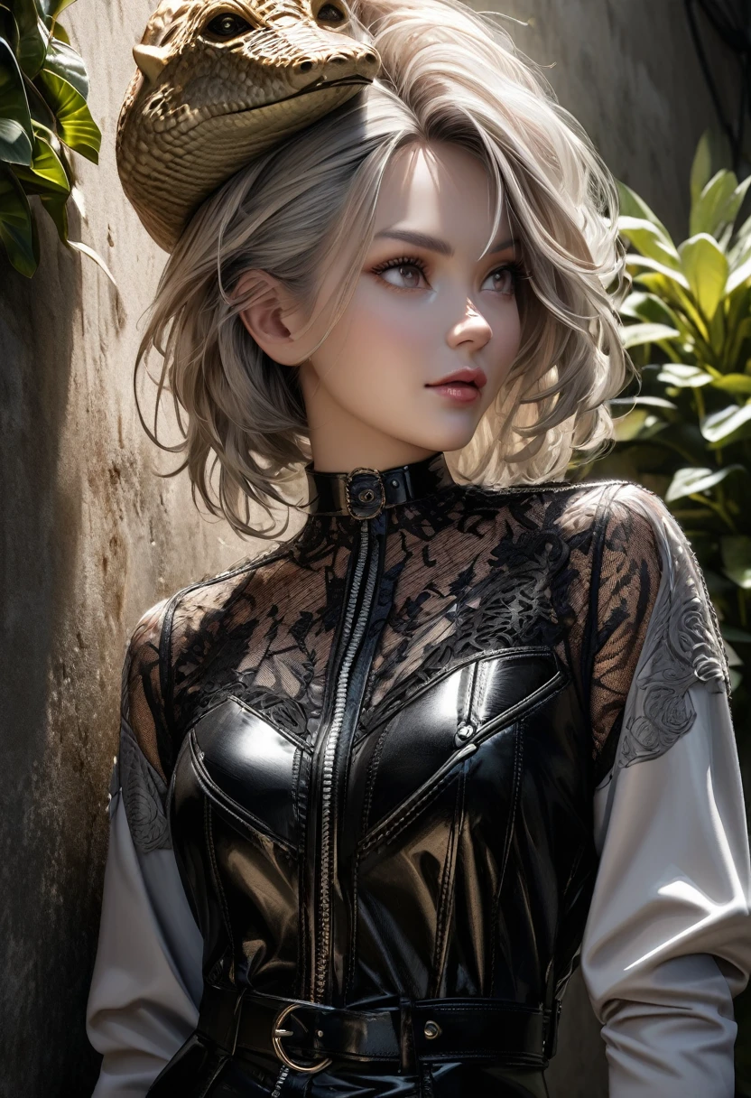 Close-up photo of a woman with long white hair, a single tress atop her head, leaning against a grunge wall, draped with hanging plants, dressed in intricate lace vintage attire, face considered perfect, photorealistic, intricate details, dramatic lighting, ultra clear, high definition.Fashionista, wearing a crocodile-embossed leather jumpsuit exudes confidence and zest. The jumpsuit comes with black leather combat boots and gloves. A leather choker adorned with metallic accents gives her a fierce look, making her the epitome of rebellious luxury.