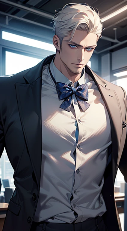 (best quality, masterpiece, 8K, photorealistic, cinematic lighting, hdr image, ultra detailed, beautiful image), 1 man, 31 years old, mature man, very handsome, (without expression, serious), short white hair, blue eyes ( penetrating gaze), perfect face without errors, imposing posture, without errors, businessman, office background