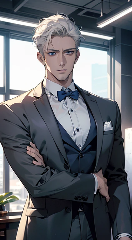 (best quality, masterpiece, 8K, photorealistic, cinematic lighting, hdr image, ultra detailed, beautiful image), 1 man, 31 years old, mature man, very handsome, (without expression, serious), short white hair, blue eyes ( penetrating gaze), perfect face without errors, imposing posture, without errors, businessman, office background
