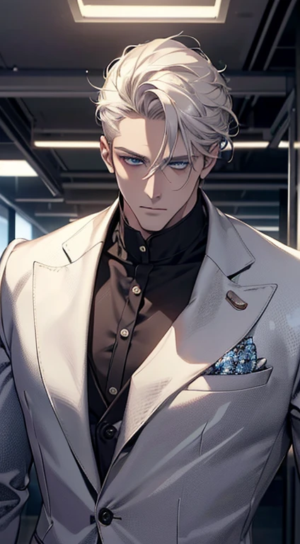 (best quality, masterpiece, 8K, photorealistic, cinematic lighting, hdr image, ultra detailed, beautiful image), 1 man, 31 years old, mature man, very handsome, (without expression, serious), short white hair, blue eyes ( penetrating gaze), perfect face without errors, imposing posture, without errors, businessman, office background
