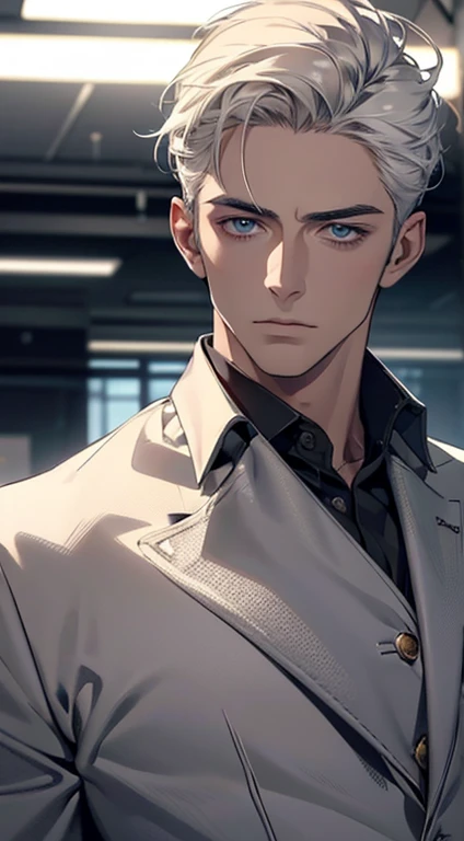 (best quality, masterpiece, 8K, photorealistic, cinematic lighting, hdr image, ultra detailed, beautiful image), 1 man, 31 years old, mature man, very handsome, (without expression, serious), short white hair, blue eyes ( penetrating gaze), perfect face without errors, imposing posture, without errors, businessman, office background