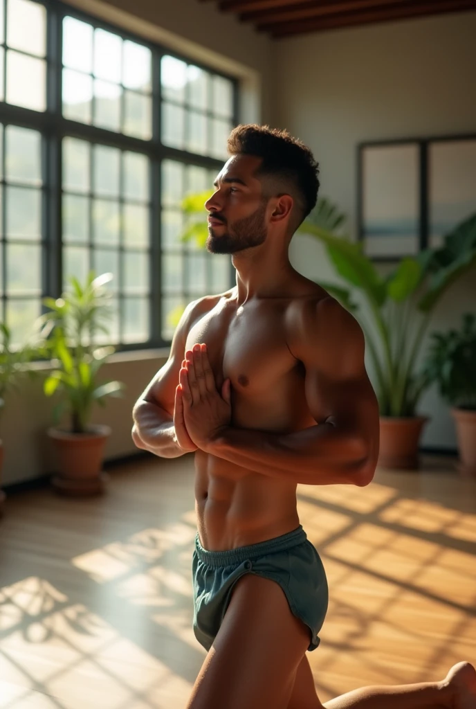 In a quiet gym environment, a brazilian man doing yoga, wearing a revealing swim trunk, with a close-up focused on the shape of her breasts and her concentration on the yoga poses, highlighting your inner peace and external beauty.