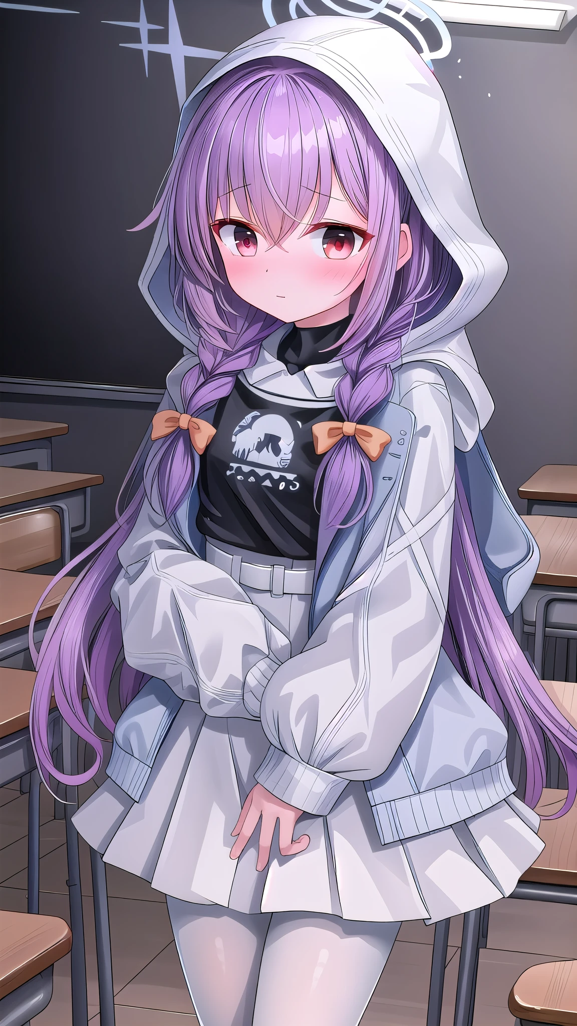 White pantyhose,Classroom scene，best quality, masterpiece, high resolution, Solitary, {in suko_Blue Files:1.15}, long_hair, Red_Eye, purple_hair, Bangs, Weaving, twin_Weavings, Halo, blush, hair_between_Eye, bow, low_twin_Weavings, hair_bow, closure_Mouth, 1 Girl, hood, hood_