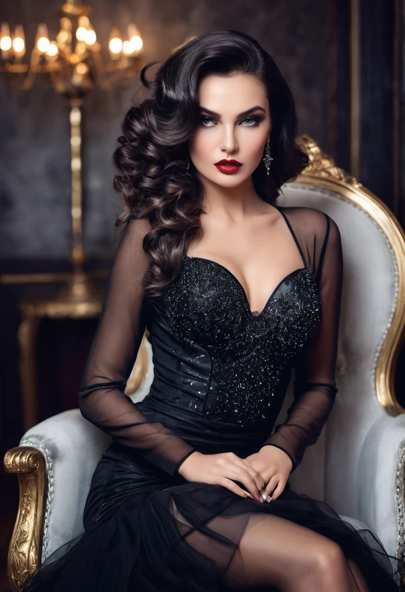 beautiful Lady, alluring, mesmerizing, seducing look, perfection hair, glamorous hair, star shiny gaze eyes, wearing beautiful black mysterious femme fatale dress, dominant, assertive, mannerism, idiosyncrasy, hypnotic, dazzling, elegant, breathtaking, mysterious, heart beating, mysterious atmosphere, insatiable pose, godmother, modern femme fatale dress that seduces eyes, exciteful, insatable to look, sexy pose, dangerous and irresistable, seductive seated with hint of allure and excitment, wearing sheer stays up stockings