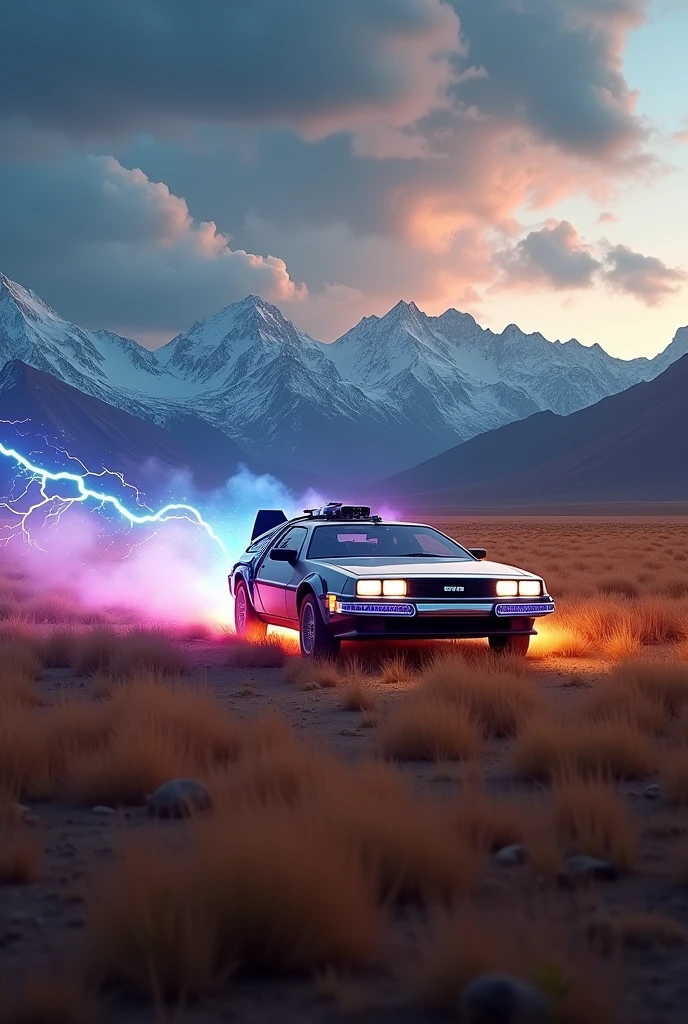Create a dynamic and thrilling scene featuring the iconic DeLorean-like car from "Back to the Future" speeding across a vast, open field with the majestic Andes mountains forming a stunning backdrop. The car is captured from a drone's perspective, emphasizing its incredible speed as it tears through the landscape. Electric blue and pink lightning bolts crackle around the vehicle, and flames trail behind its wheels, leaving a fiery path in its wake.
The field is a mix of wild grasses swaying in the wind, and the scene is set at dusk, with the last light of the sun casting a warm, golden glow over the mountains. The Andes rise in the distance, their snow-capped peaks towering over the scene, adding a sense of grandeur and scale. The sky is filled with dramatic clouds, swirling as if disturbed by the car's temporal disruption.
The DeLorean's sleek, metallic body reflects the colors of the sunset and the electric sparks surrounding it. The car’s headlights are beaming forward, cutting through the fading light as it races towards an unknown destination. The drone’s high-angle view captures the entire scene, showcasing the contrast between the futuristic technology of the car and the timeless, natural beauty of the Andes.
The composition is charged with motion and energy, combining the excitement of high-speed travel with the serene, awe-inspiring beauty of the South American landscape. The lightning, flames, and the car's trail through the field all contribute to a sense of unstoppable momentum, as the DeLorean continues its journey through time.