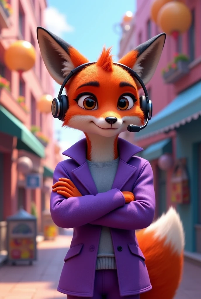 A young, mature fox in a Disney Pixar 3D style, wearing a purple telemarketing outfit and a telemarketing headset, stylishly dropshipping with a charismatic look, arms crossed and a happy smile.
